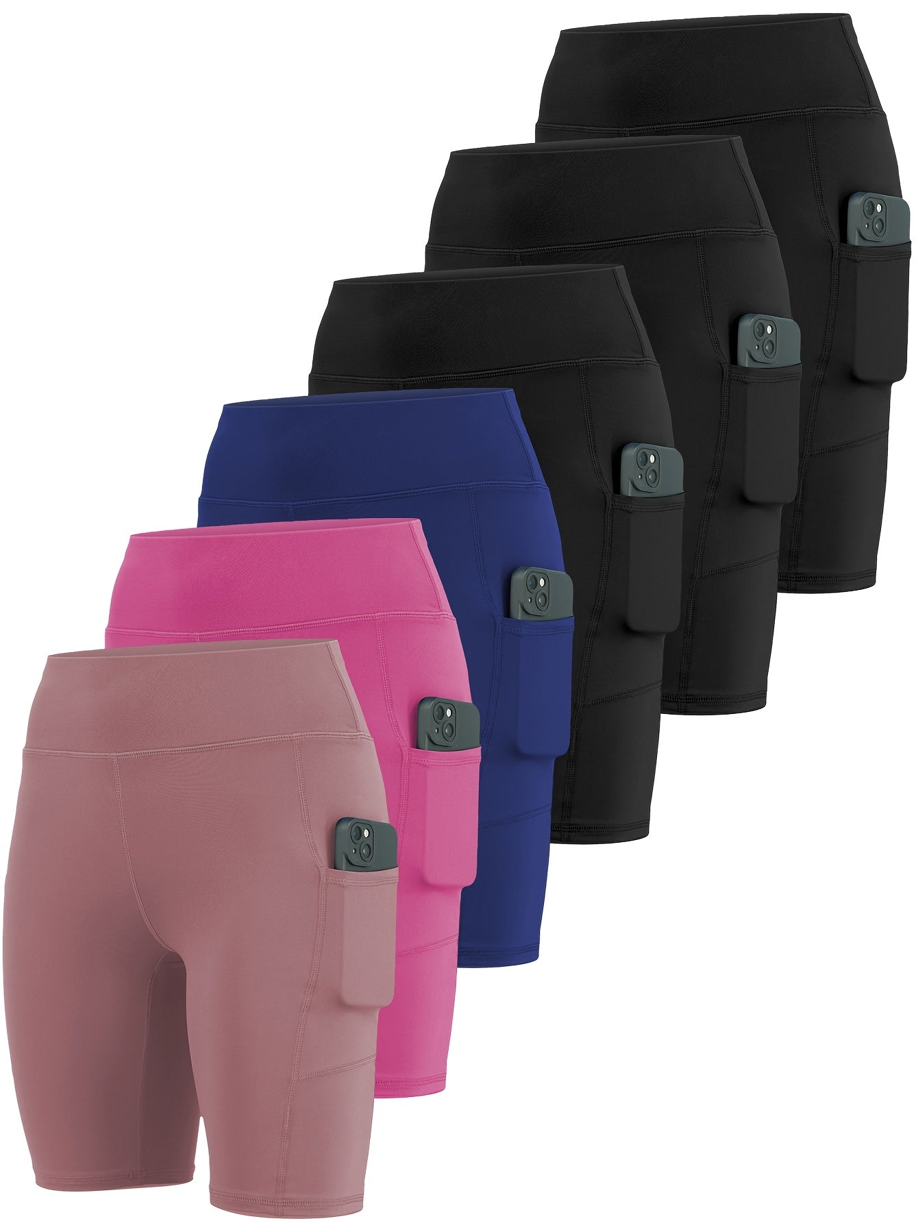 6-Pack Women’s Athletic Shorts – High Waist with Phone Pocket