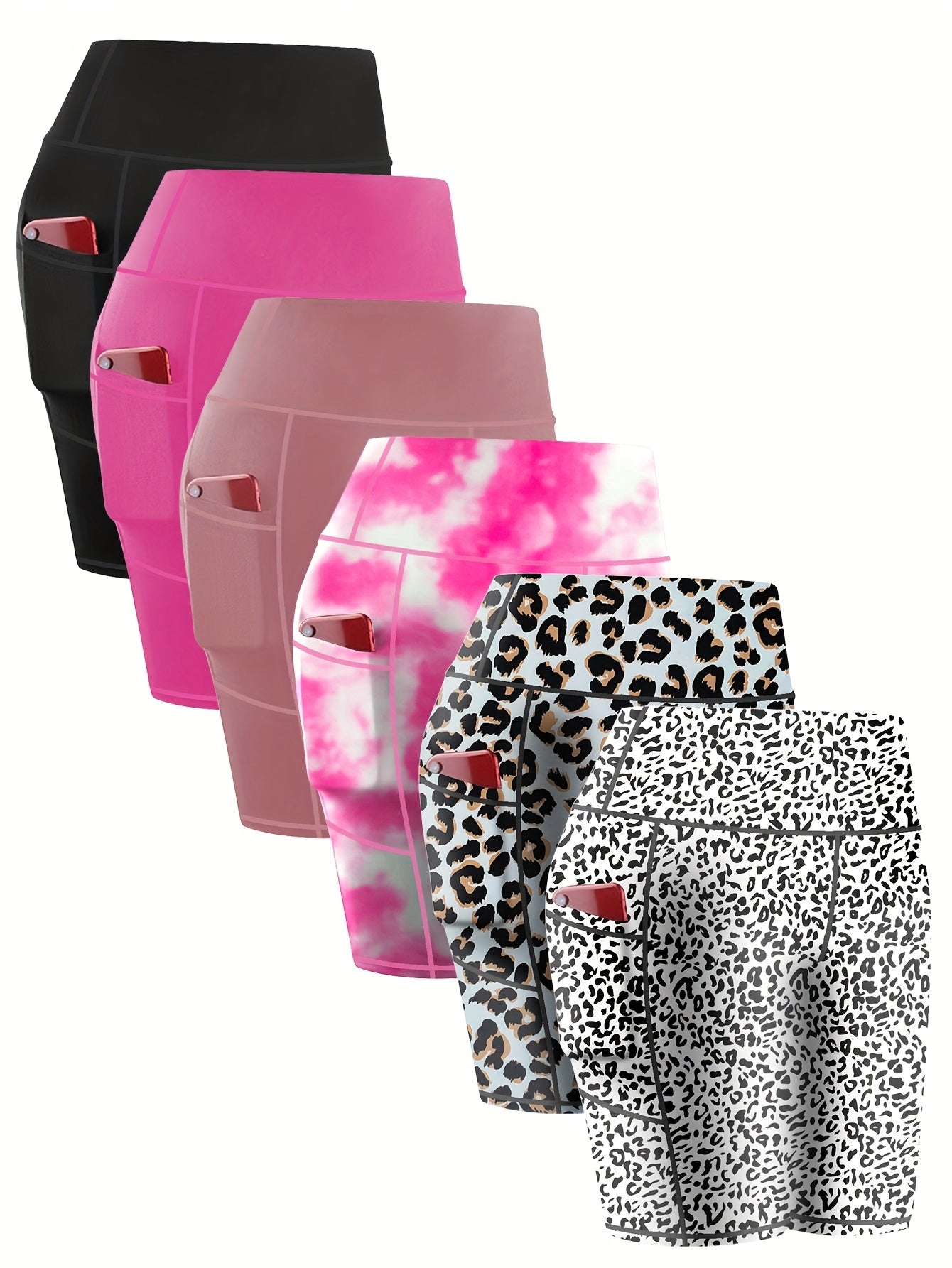 6-Pack Women’s Athletic Shorts – High Waist with Phone Pocket