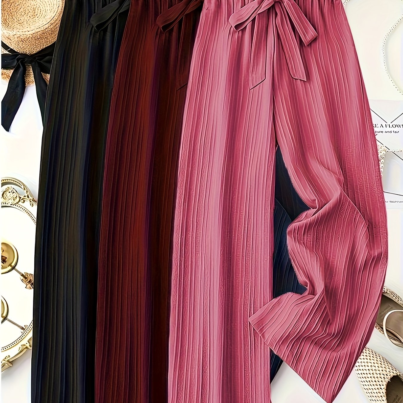 3pcs Women'S Elegant Solid Color Striped Long Pants with Bow Detail - Comfortable Loose Fit, Elastic Waistband, Perfect for Spring & Summer Casual Wear