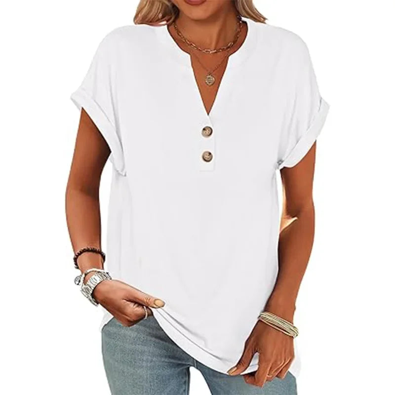 ANRABESS Womens Short Sleeve Henley Tops V Neck Dressy Casual Loose Fit Shirts Summer Flowy Blouses 2025 Trendy Clothes