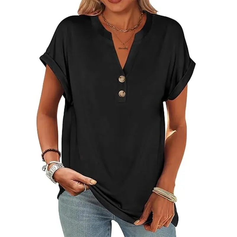ANRABESS Womens Short Sleeve Henley Tops V Neck Dressy Casual Loose Fit Shirts Summer Flowy Blouses 2025 Trendy Clothes