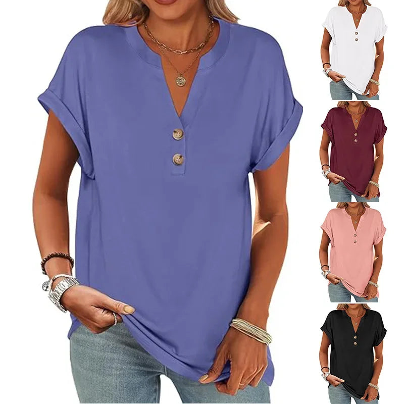 ANRABESS Womens Short Sleeve Henley Tops V Neck Dressy Casual Loose Fit Shirts Summer Flowy Blouses 2025 Trendy Clothes