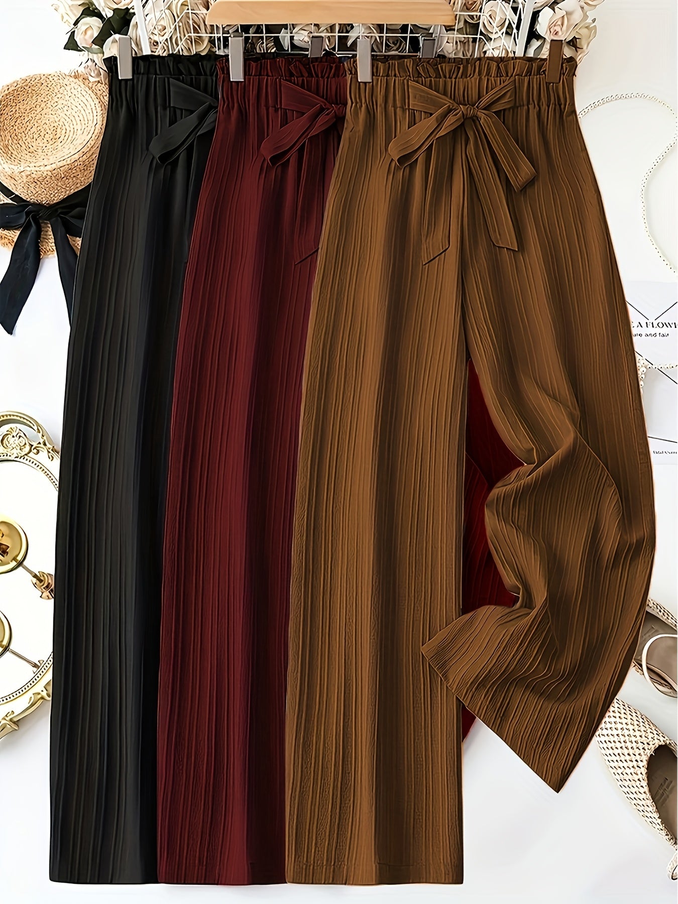 3pcs Women'S Elegant Solid Color Striped Long Pants with Bow Detail - Comfortable Loose Fit, Elastic Waistband, Perfect for Spring & Summer Casual Wear