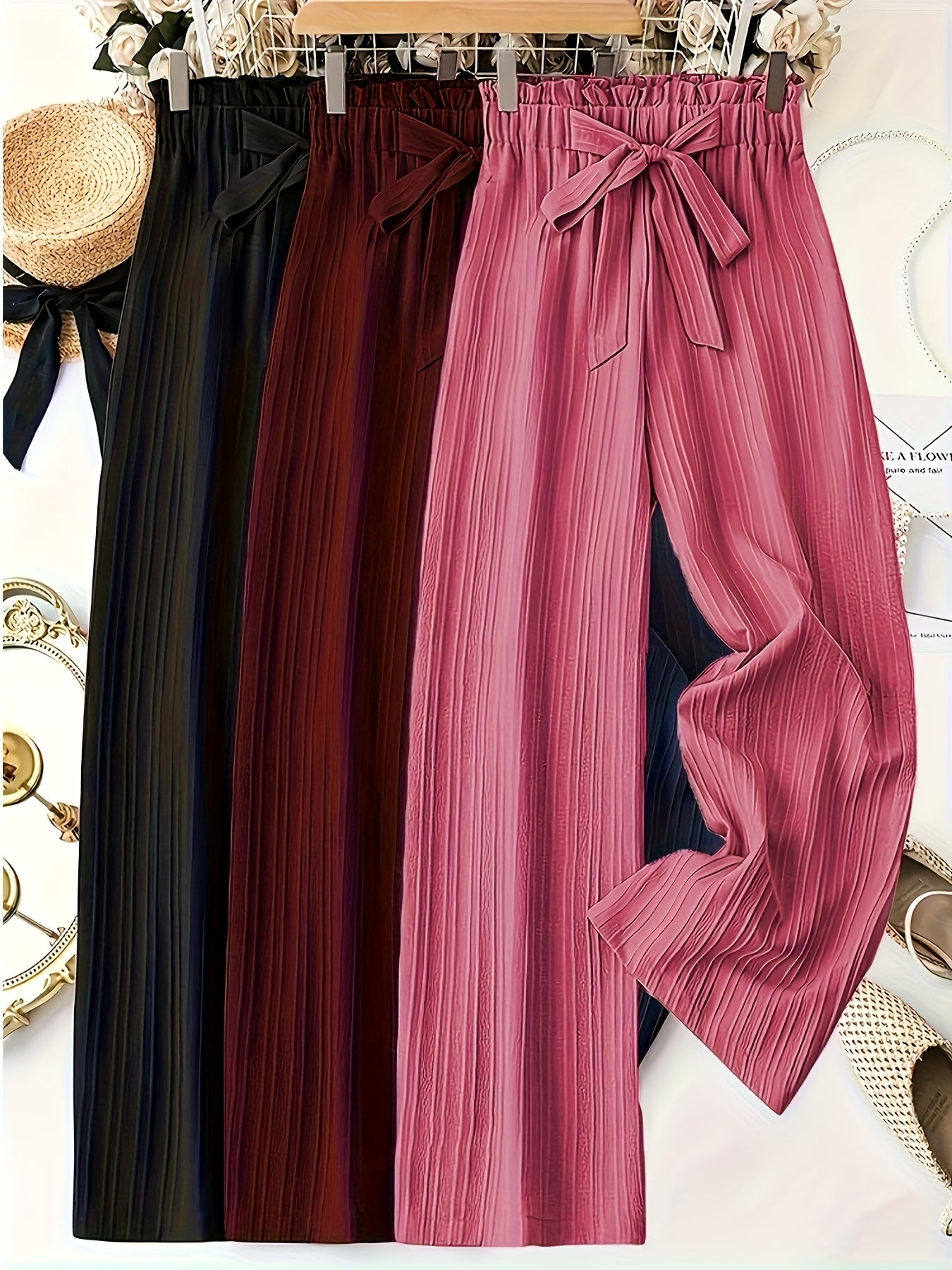 3pcs Women'S Elegant Solid Color Striped Long Pants with Bow Detail - Comfortable Loose Fit, Elastic Waistband, Perfect for Spring & Summer Casual Wear