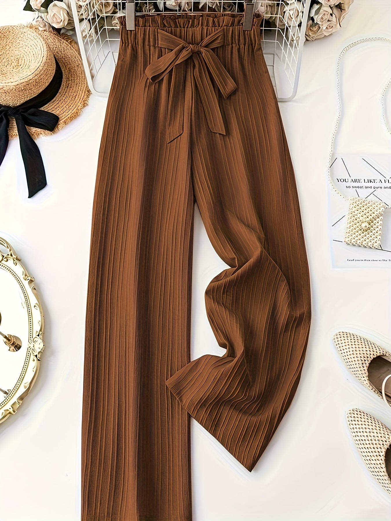3pcs Women'S Elegant Solid Color Striped Long Pants with Bow Detail - Comfortable Loose Fit, Elastic Waistband, Perfect for Spring & Summer Casual Wear