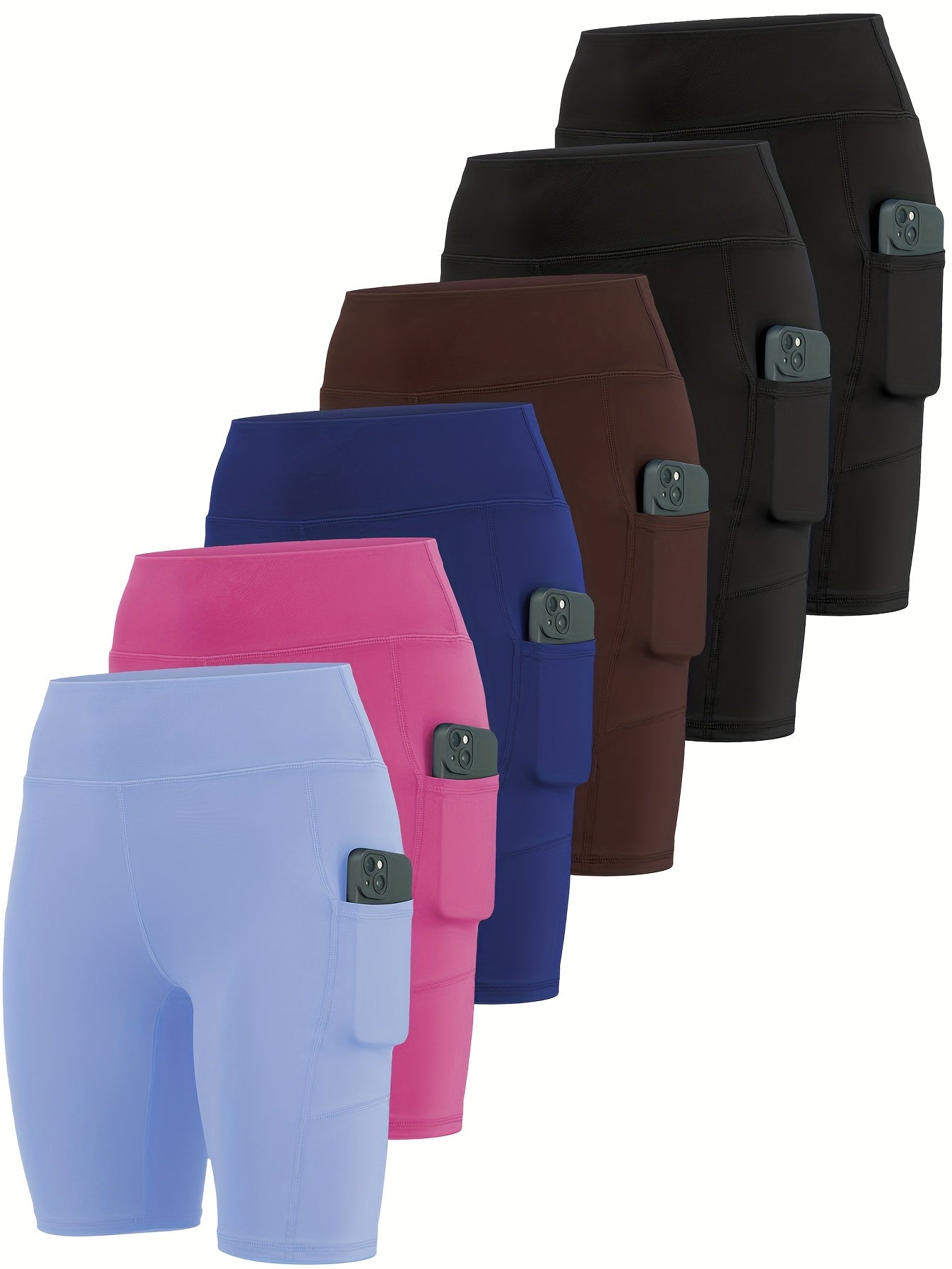 6-Pack Women’s Athletic Shorts – High Waist with Phone Pocket